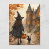 かわいいハロウィンの魔女と黒猫 ポストカード (正面)