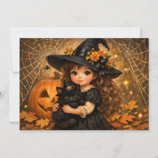 かわいいハロウィンの魔女の女の子と彼女の猫 シーズンカード