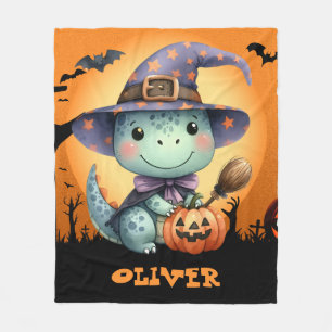 かわいいハロウィンの魔女の帽子をかぶった恐竜 フリースブランケット