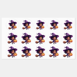かわいいハロウィンの魔女ステッカー – かわいい魔法使い ラベル