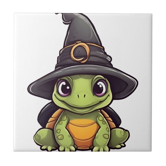 かわいいハロウィンの魔女帽子をかぶったカメ。コピー タイル (正面)