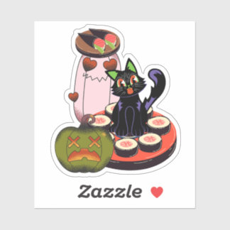かわいいハロウィンの黒猫が寿司の上に座っている シール