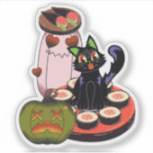 かわいいハロウィンの黒猫が寿司の上に座っている シール (正面)