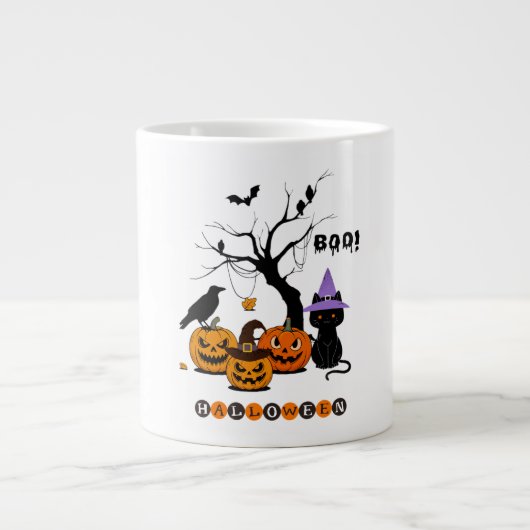 かわいいハロウィンの黒猫とかぼちゃ ジャンボコーヒーマグカップ (正面)