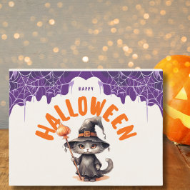 かわいいハロウィンの黒猫の魔女 シーズンポストカード
