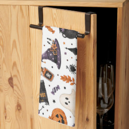 かわいいハロウィンの黒猫シームレスパターン キッチンタオル