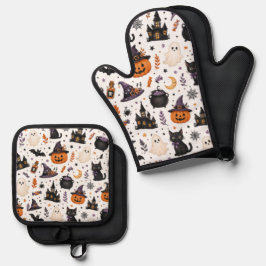 かわいいハロウィンの黒猫シームレスパターン 鍋つかみ&鍋敷きセット