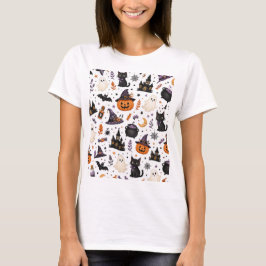 かわいいハロウィンの黒猫シームレスパターン Tシャツ