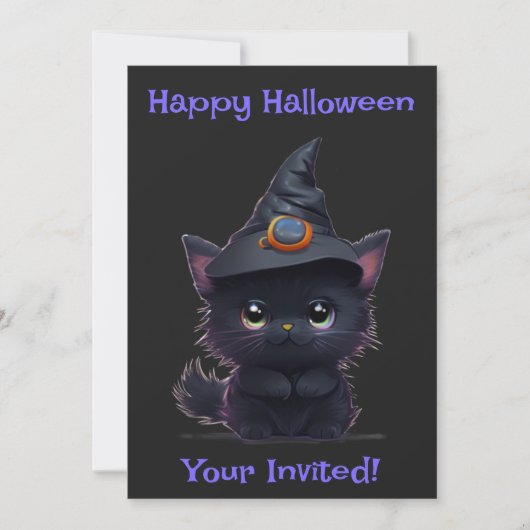 かわいいハロウィンの黒猫 招待状 (正面)