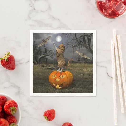 かわいいハロウィンオレンジ猫バッティングこうもり スタンダードカクテルナプキン (インサイチュ)