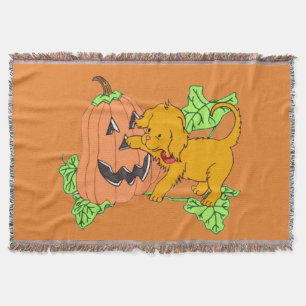 かわいいハロウィンカボチャと子犬 スローブランケット