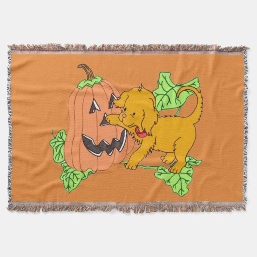 かわいいハロウィンカボチャと子犬 スローブランケット (正面)