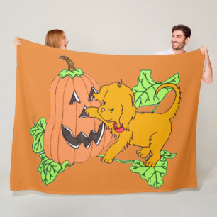 かわいいハロウィンカボチャと子犬 フリースブランケット