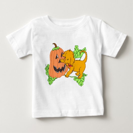 かわいいハロウィンカボチャと子犬 ベビーTシャツ (正面)