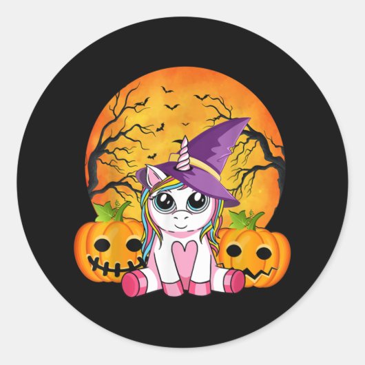 かわいいハロウィンガールズウィッチユニコーンハロウィーン ラウンドシール (正面)