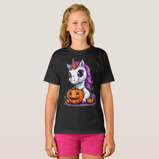 かわいいハロウィンガールズウィッチユニコーンハロウィーン Tシャツ (正面フル)