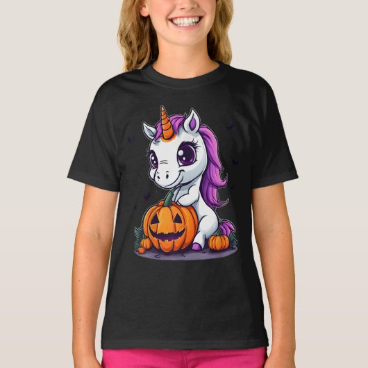 かわいいハロウィンガールズウィッチユニコーンハロウィーン Tシャツ (正面)