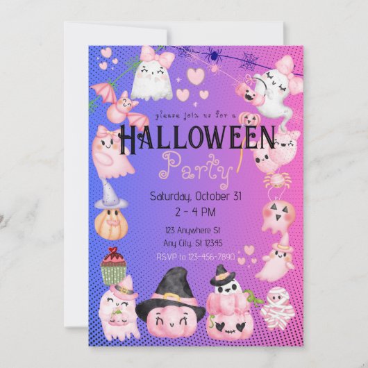 かわいいハロウィンキッズハローウィンパーティかわいいピンク 招待状 (正面)