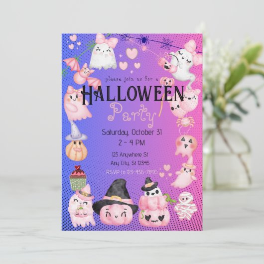 かわいいハロウィンキッズハローウィンパーティかわいいピンク 招待状 (スタンド正面)