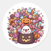 かわいいハロウィンキャンディバケットシールかわいい幽霊 ラウンドシール (正面)