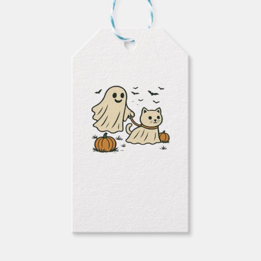 かわいいハロウィンゴースト歩く幽霊猫クラシックTシャツ ギフトタグ (正面)