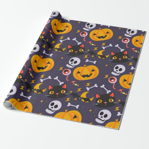 かわいいハロウィンスカル、猫とカボチャスマイルのプレゼント ラッピングペーパー