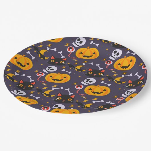 かわいいハロウィンスカル、猫とカボチャスマイルパーティー ペーパープレート (アングル)