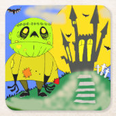 かわいいハロウィンゾンビと城 スクエアペーパーコースター (正面)