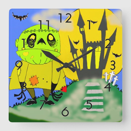 かわいいハロウィンゾンビと城 スクエア壁時計 (正面)