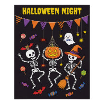 かわいいハロウィンナイトの踊るスケルトンのポスター