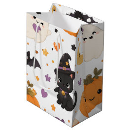 かわいいハロウィンネコおばけカボチャコウモリ ミディアムペーパーバッグ