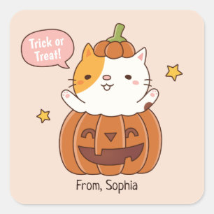 かわいいハロウィンネコのかかれたカボチャのステッカー スクエアシール