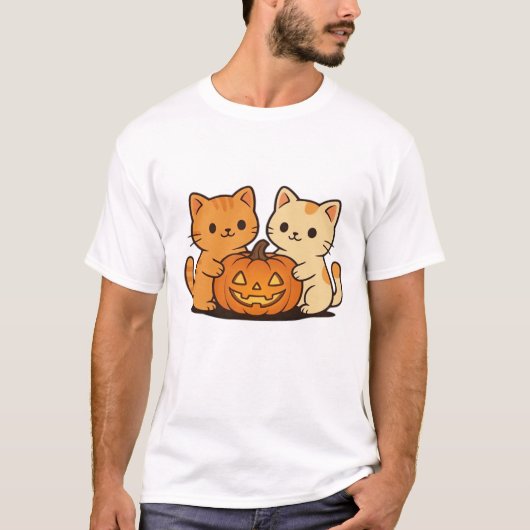 かわいいハロウィンネコTシャツ 2匹のかわいい猫が Tシャツ (正面)