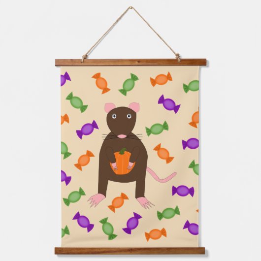 かわいいハロウィンネズミとカボチャ 吊り下げ型タペストリー (正面)