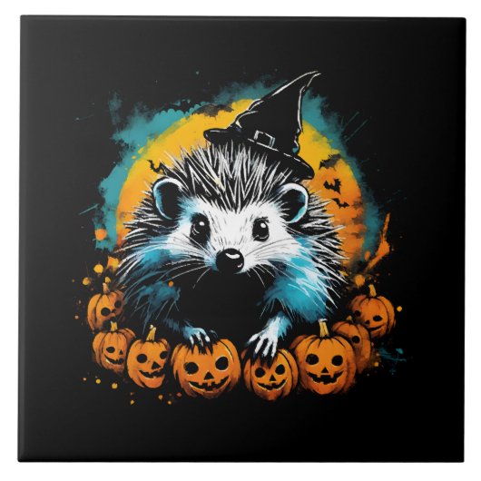 かわいいハロウィンハリネズミとかぼちゃ タイル (正面)