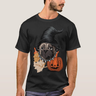 かわいいハロウィンパグ - 魔女の黒い帽子をかぶったパグ Tシャツ