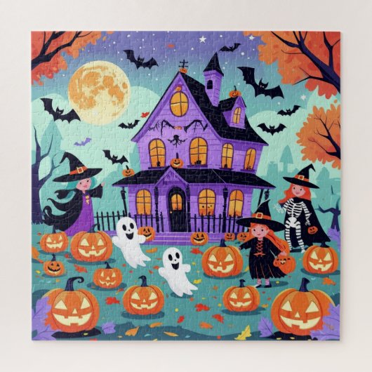 かわいいハロウィンパズル - おばけ屋敷とオバケ ジグソーパズル (縦)
