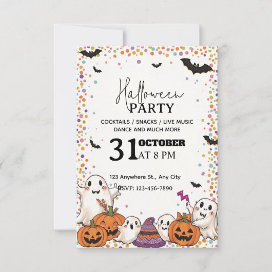 かわいいハロウィンパーティーの招待状 - 編集可能 招待状 (正面)