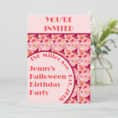 かわいいハロウィンピンクの女の子の誕生日パーティー 招待状 (スタンド正面)
