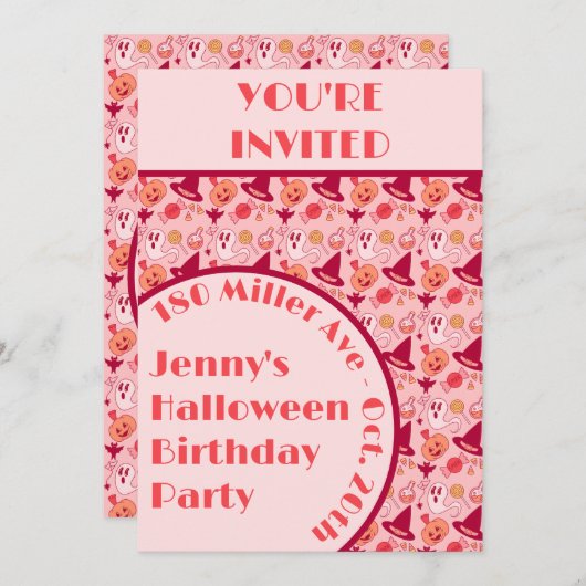 かわいいハロウィンピンクの女の子の誕生日パーティー 招待状 (正面/裏面)