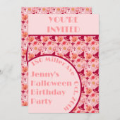 かわいいハロウィンピンクの女の子の誕生日パーティー 招待状 (正面/裏面)