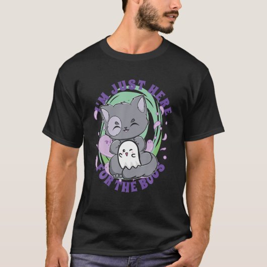 かわいいハロウィンファンTのための幽霊付きマンチキン猫 Tシャツ (正面)
