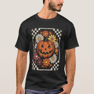 かわいいハロウィンフローラルオータムパンプキンと花のデザイン Tシャツ