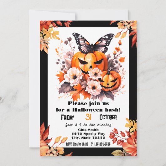 かわいいハロウィンフローラルパンプキンパーティー 招待状 (正面)