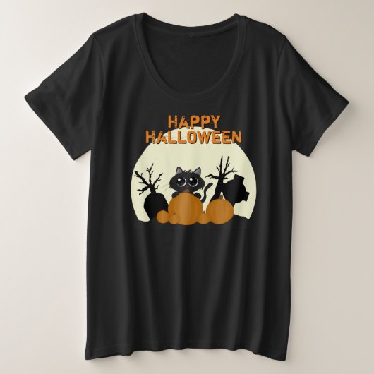 かわいいハロウィンブラック不気味猫 プラスサイズTシャツ (デザイン正面)