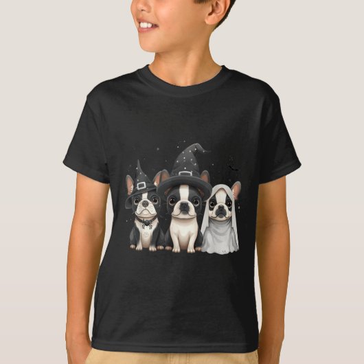 かわいいハロウィンボストンテリア犬魔女の帽子幽霊 Tシャツ (正面)
