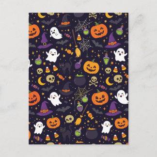 かわいいハロウィンマジックナイトパターン ゴースト ウィッチ キャット ポストカード
