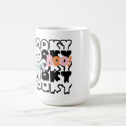 かわいいハロウィンミイラ不気味マグ – "ブー！" コーヒーマグカップ (正面右)