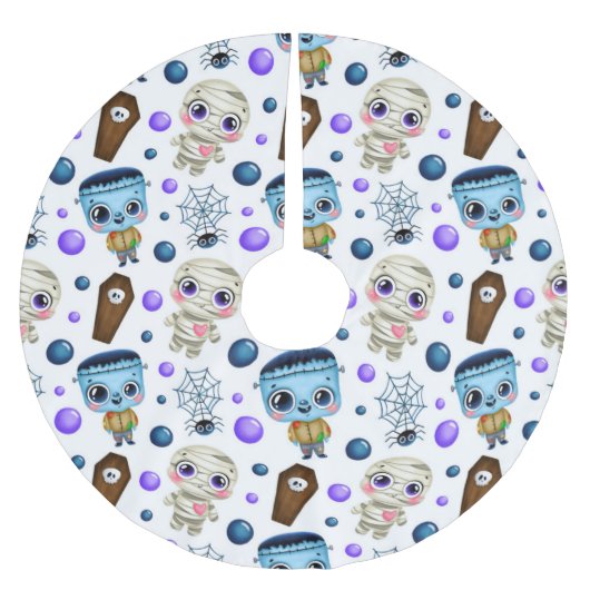 かわいいハロウィンモンスターズのパターン ブラッシュドポリエステルツリースカート (正面)