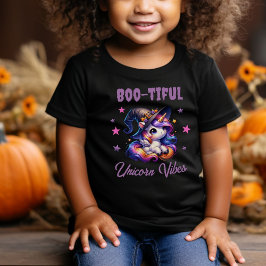 かわいいハロウィンユニコーンのブーたわむような雰囲気の女の子 ベビーTシャツ